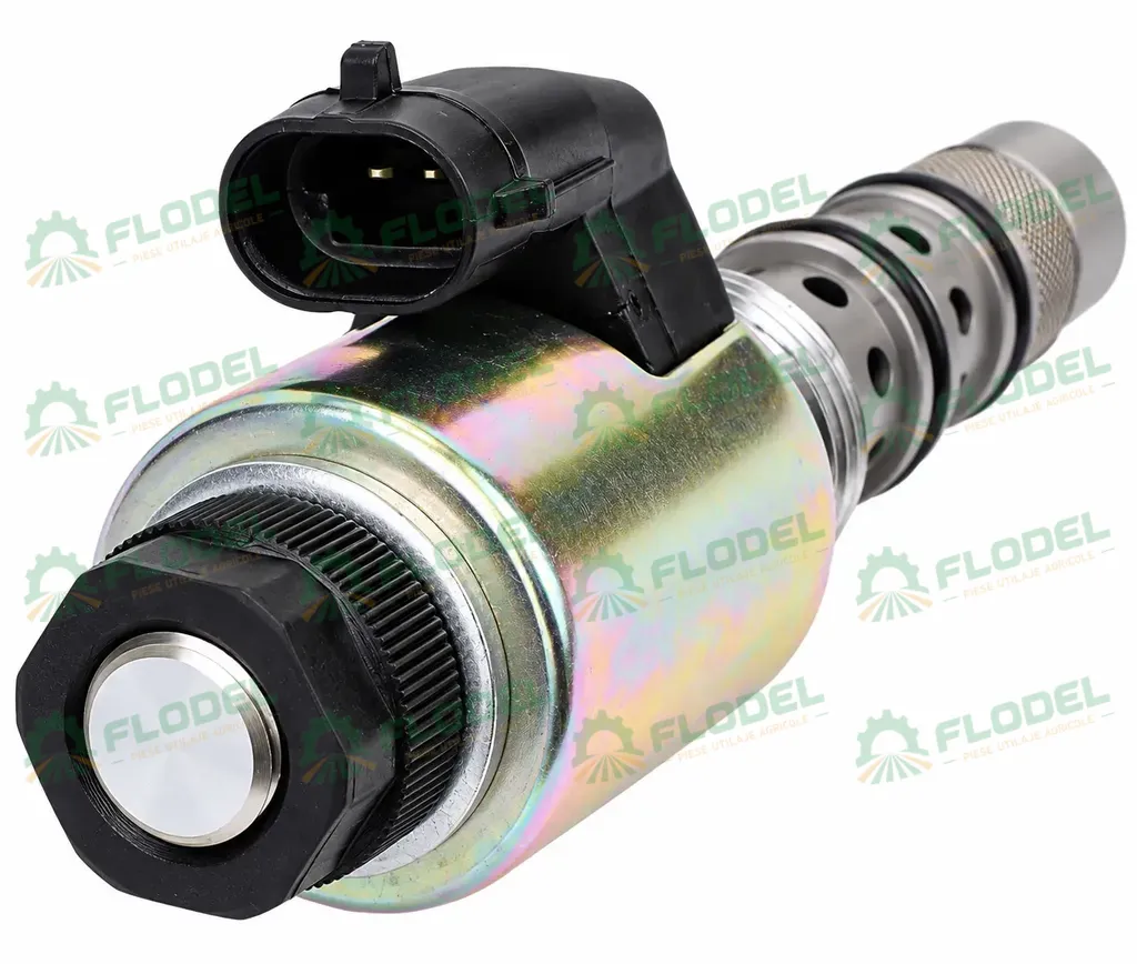 Supapă solenoid metalică cu conector negru.webp